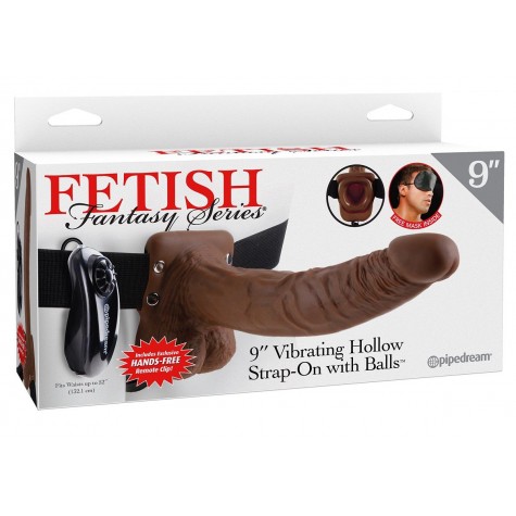 Коричневый фаллопротез с вибрацией 9" Vibrating Hollow Strap-On with Balls - 24 см.